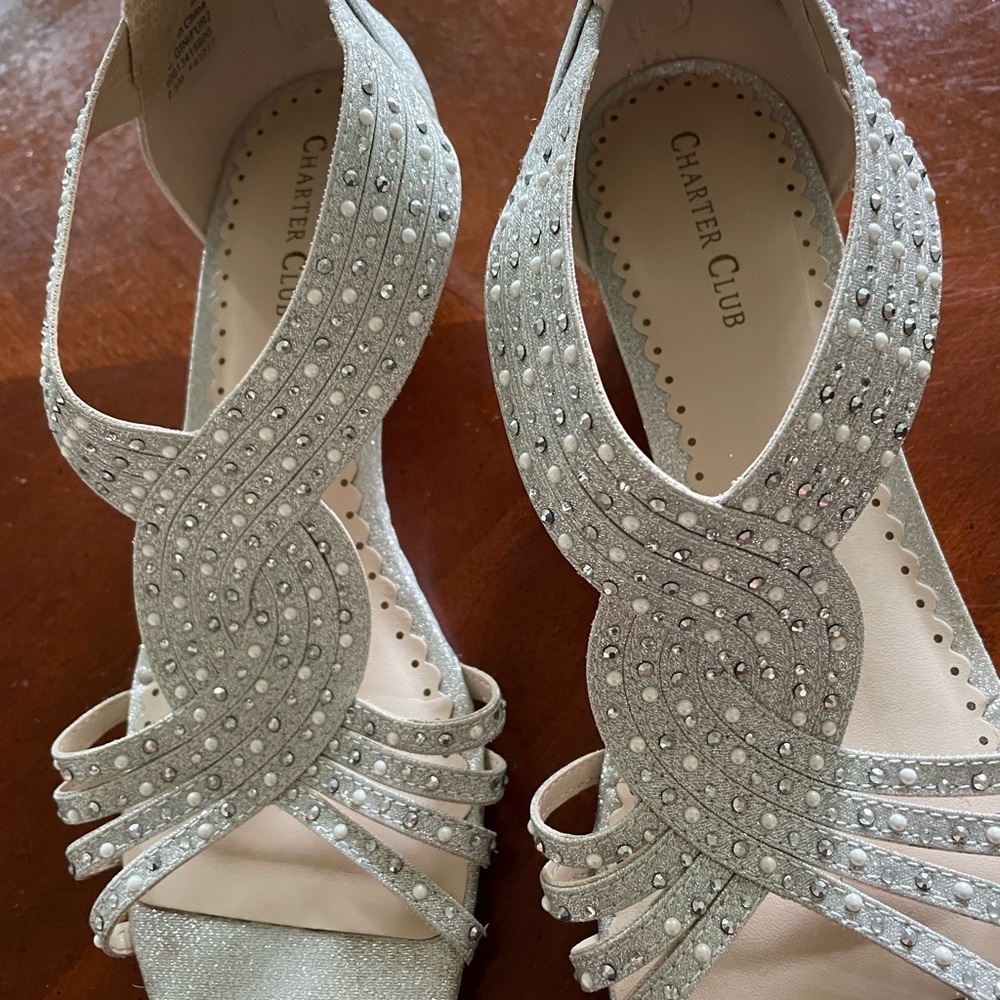 Silver sparkle with pearl dotted low heeled shoes